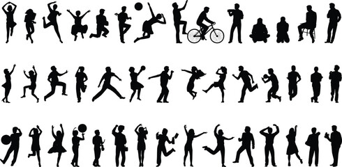 Set of dynamic human silhouette icons showing diverse activities and gestures, ideal for animation, lifestyle, and motion design themes.