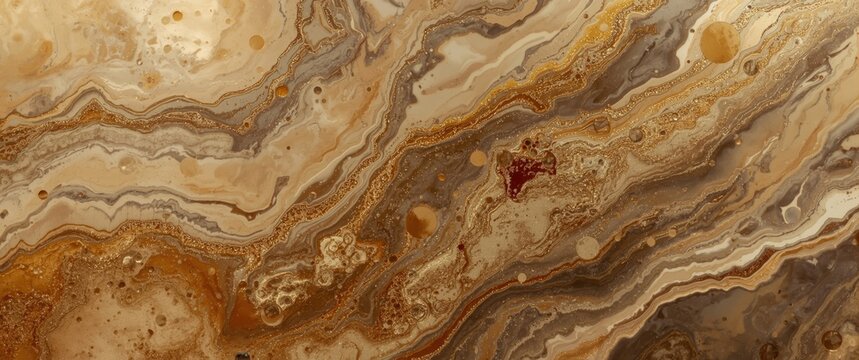 Modern design abstract art created with epoxy resin, showcasing marbled streaks in gold, brown, and beige on a liquid backdrop