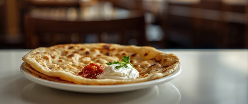 Indian Aloo Paratha: Potato Filled Flatbread Served with Curd and Tomato Ketchup
