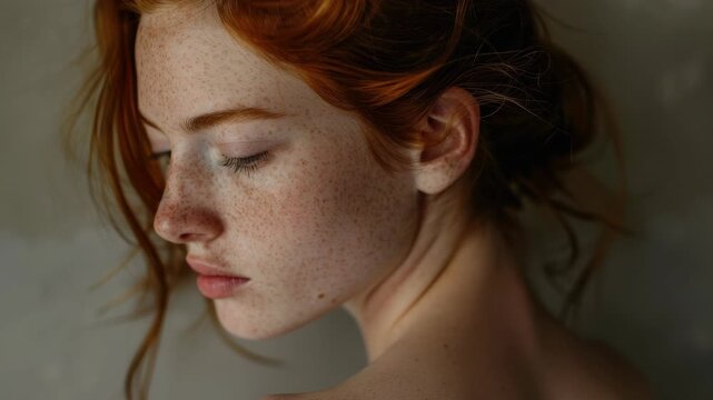 Red-haired young woman with freckles looking away