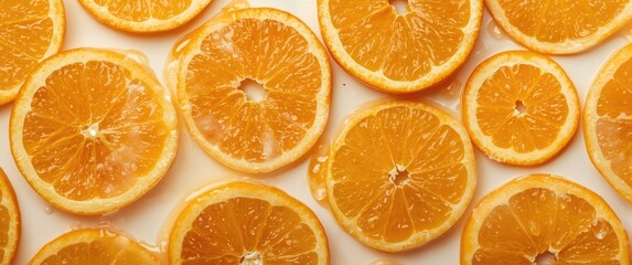 Flat lay of orange fruit slices isolated on white background. Top view.