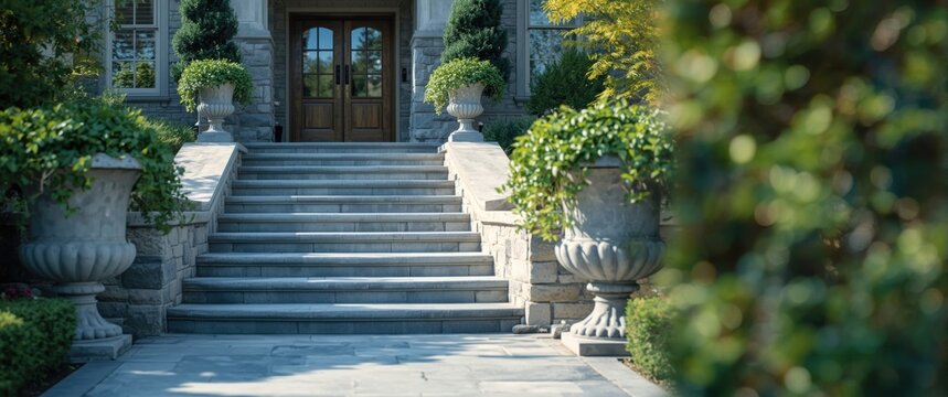 Home entrance with Bluestone steps, big planters, and a stone wall lining the walkway