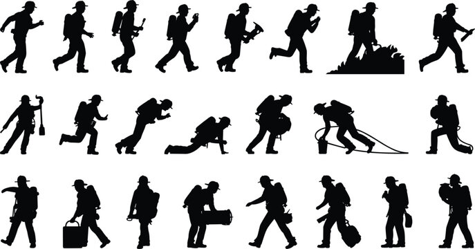 Set of firefighter silhouette figures in action poses, black emergency responders carrying hoses and tools, isolated rescue and fire service characters for safety design
