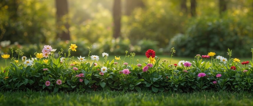 Spring flowers decorating a green border in the picture