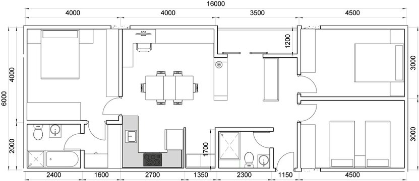 2D technical, top-down floor plan for a three-bedroom unit, complete with precise metric dimensions for all rooms and overall length-width. related to precise architectural blueprint dimensioning