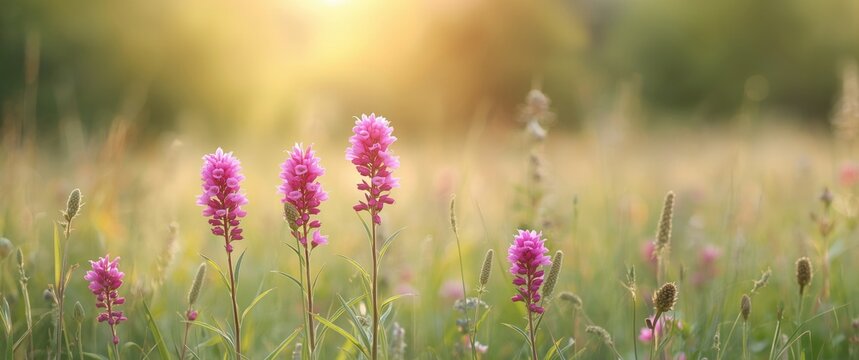 Pink amaranth flowers in full bloom on a meadow with a soft pastel bokeh backdrop at dawn