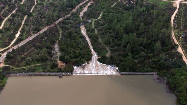 Aerial Beit Zeit dam near Jerusalem Israel reservoir

Drone footage shows Beit Zeit dam overflow near Jerusalem Israel on 20 January 2026 winter
