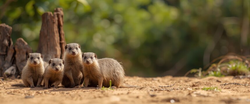 Family of mongoose sitting on sandy terrain with tree stumps in the background