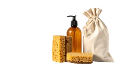 A collection of natural cleaning supplies sponge, amber bottle, and canvas bag