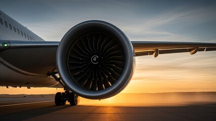 Airplane Engine on Runway at Sunset.