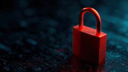 Close-up of red padlock on a dark, circuit board-like surface, creating security-themed imagery