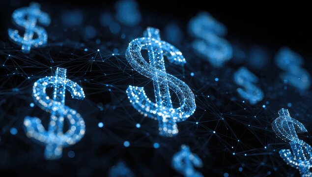 Glowing dollar signs linked by lines, representing digital finance on a dark, abstract background