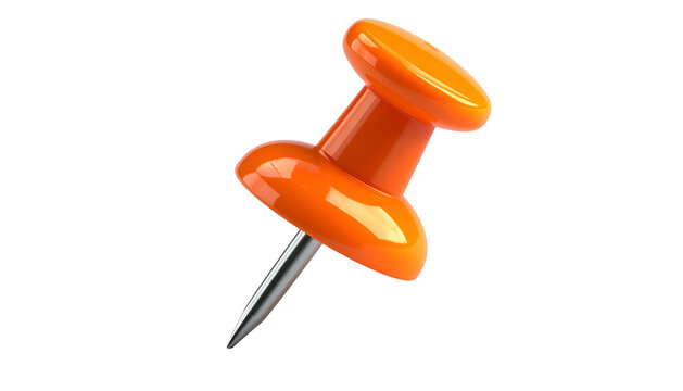 A close-up, glossy orange pushpin with a sharp metal pin on a black background