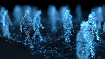 Digitally rendered figures, outlined with glowing blue dots, move across a dark network