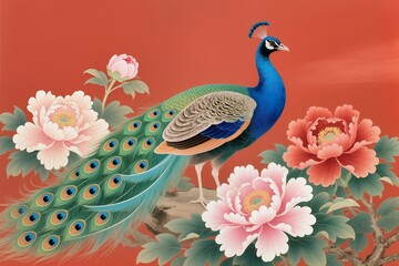 Fototapeta premium High-end traditional Chinese painting of a peacock among lush peony blossoms, elegant feather patterns in blue and green tones. Minimal red backdrop