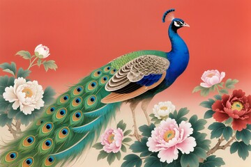 Fototapeta premium High-end traditional Chinese painting of a peacock among lush peony blossoms, elegant feather patterns in blue and green tones. Minimal red backdrop