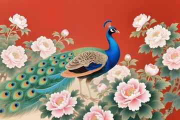 Fototapeta premium High-end traditional Chinese painting of a peacock among lush peony blossoms, elegant feather patterns in blue and green tones. Minimal red backdrop