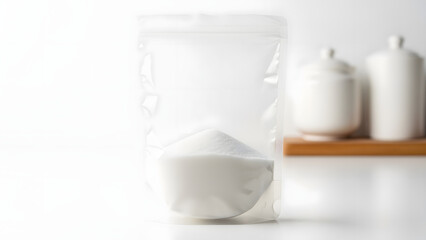 Close-up of a transparent pouch filled with white powder, set on a bright white surface with out-of-focus containers