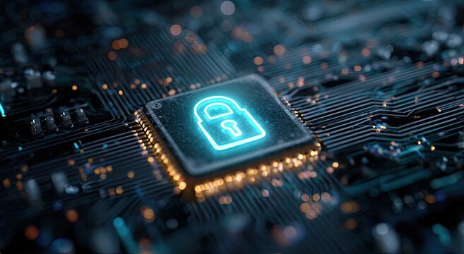 Glowing lock icon embedded on a circuit board, symbolizing network security and data protection