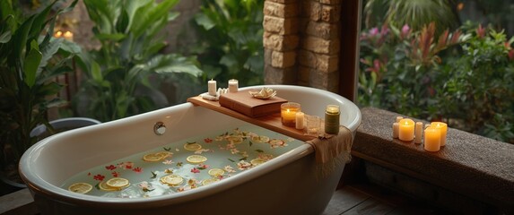 Fototapeta premium Spa scene in a luxury Bali outdoor bathroom with a Bath tub filled with flower petals and lemon slices, plus a tray holding a book, candles, and beauty products for organic relaxation