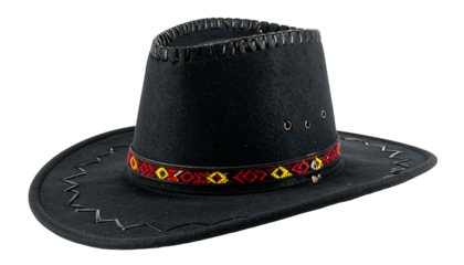 Black felt cowboy hat with stitched brim & beaded band. Isolated, clean background