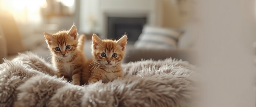 Pair of Abyssinian kitten lying on fur blanket and playing together