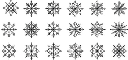 Set of 18 detailed linear black snowflake icons; winter Christmas frost symbols, cold weather decoration, thin line vector.