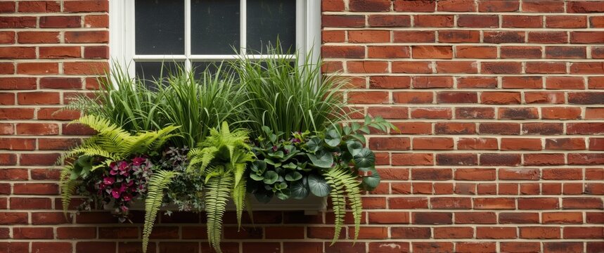 Colorful window box with green plants like dichondra silver falls, grasses, ferns, and impatiens against the window of a red brick house