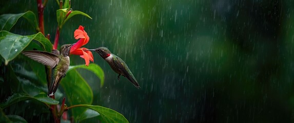 Obraz premium Rare Green Hermit hummingbird captured in flight near a bright red flower amidst tropical rainforest rain