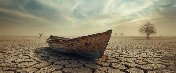 A timber vessel resting on cracked soil representing change and climate warming