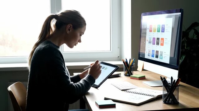 woman using tablet and computer at desk. monitor displays app interface and design elements. workspace arranged with keyboard and note. productivity enhanced by digital tools. icon grid on monitor.