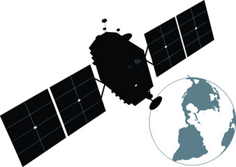 Satellite orbiting Earth illustration, space technology, global communication, GPS navigation, astronomy concept, spacecraft silhouette, vector graphic design © Bokul Creatives