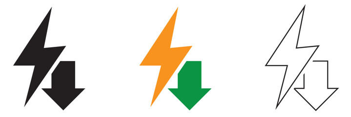 Low energy consumption icon. Minimal black and colour lightning arrow icon representing electricity, power flow, energy direction, and fast charging concept on white background.
