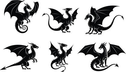 Naklejka premium Set of six fantasy winged dragon silhouettes; black medieval mythical creature vector, heraldic monster design, isolated on white.