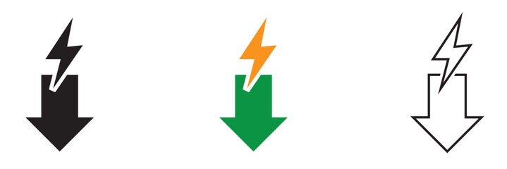 Low energy consumption icon. Minimal black and colour lightning arrow icon representing electricity, power flow, energy direction, and fast charging concept on white background.
