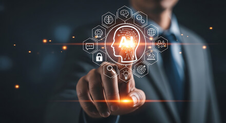 Business Executive Demonstrating AI Technology Concepts in Modern Office Environment