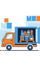 Naklejka premium Orange Delivery Truck Loaded With Goods Ready For Shipment And Transportation Process