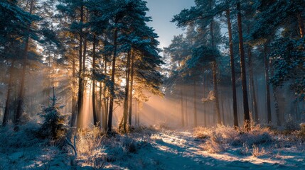 Mystical winter forest with tall pine trees and golden sunlight breaking through branches