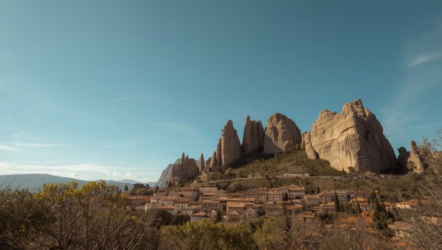 Scenic view of the Mallos de Riglos rock formations with town and mountain backdrop, highlighting geological features and outdoor environment