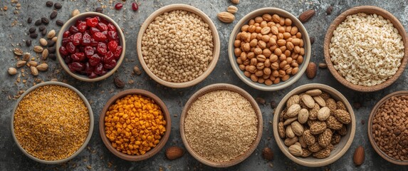 Selection of superfoods and cereals in bowls including quinoa, chia, goji berry, mung bean, buckwheat, bean, turmeric, polba, bulgur, lentil, sesame, flax seed, wild rice, almond on grey concrete