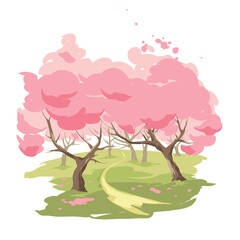 Blooming spring garden. Landscape with trees in bloom. Vector illustration in watercolor style. Hand drawn author's drawing.