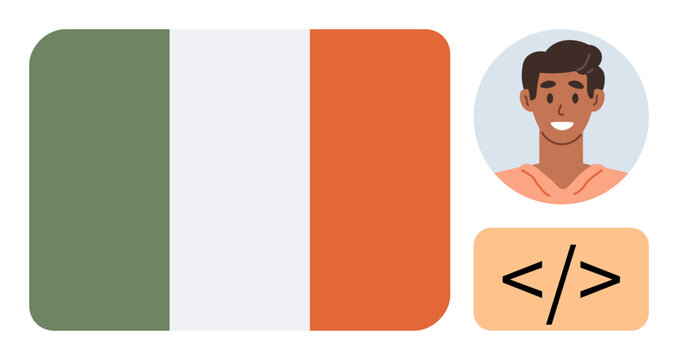 Cultural identity, web development, diversity, programming education, tech careers, international coding. Irish flag, person smiling and coding symbol. Cultural identity and web development