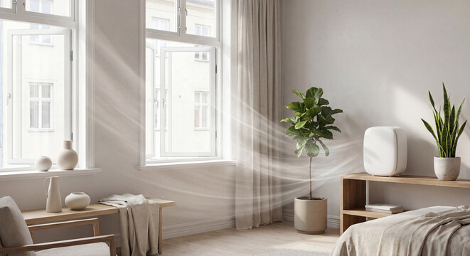 Modern bedroom interior with air purifier and fresh air flow from open window