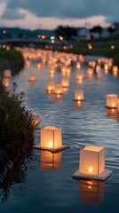 Floating lanterns in a serene river during twilight with reflections  