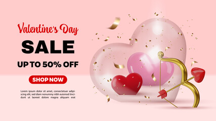 valentine day sale banner with 3d hearts inside a transparent heart gold cupid bow and confetti