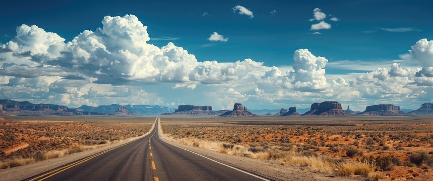 Empty road through the Arizona desert with expansive clouds and blue sky