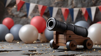 Cannon decorated with subtle Bastille Day elements, ceremonial atmosphere, stone background