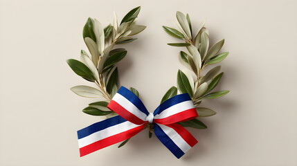 Olive wreath with red, white, and blue ribbon on beige background  