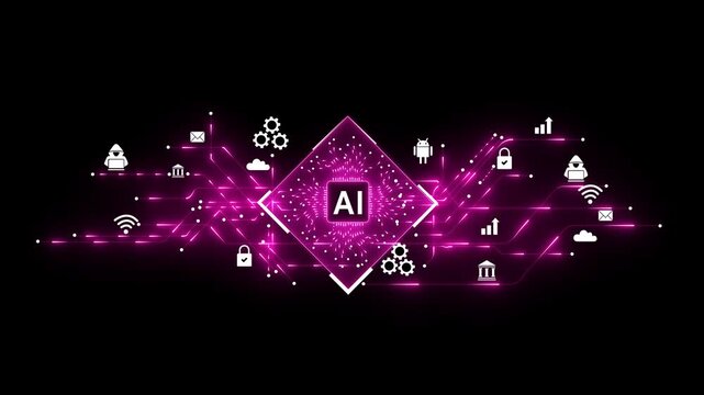 Artificial Intelligence processor unit. Powerful Quantum AI agents with icons transfers. Modern technology innovation showcasing AI chip and circuit design in vibrant colors 4k motion motion ...