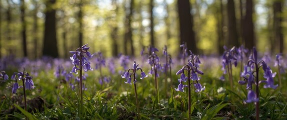 Forest scene with Bluebell flowers growing